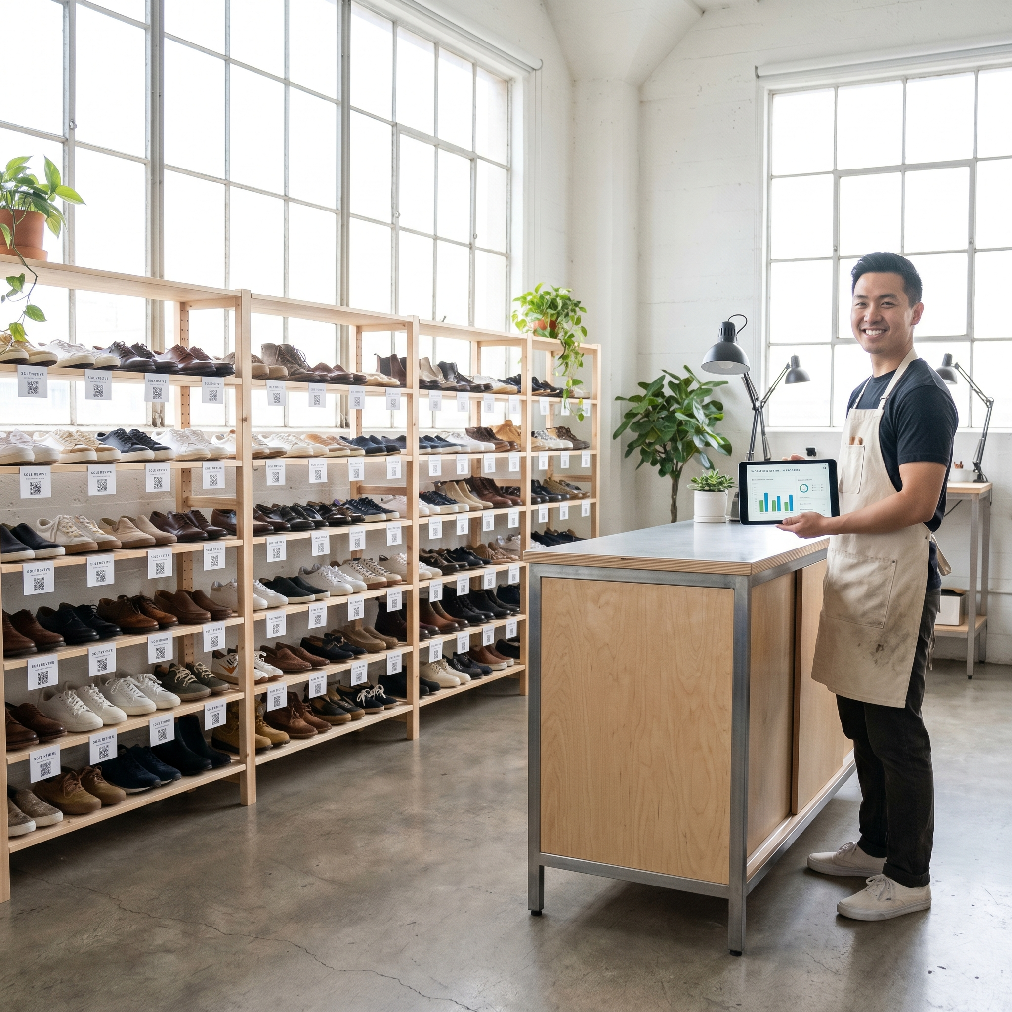 Organized modern shoe care shop with QR-tagged shoes and digital tracking dashboard