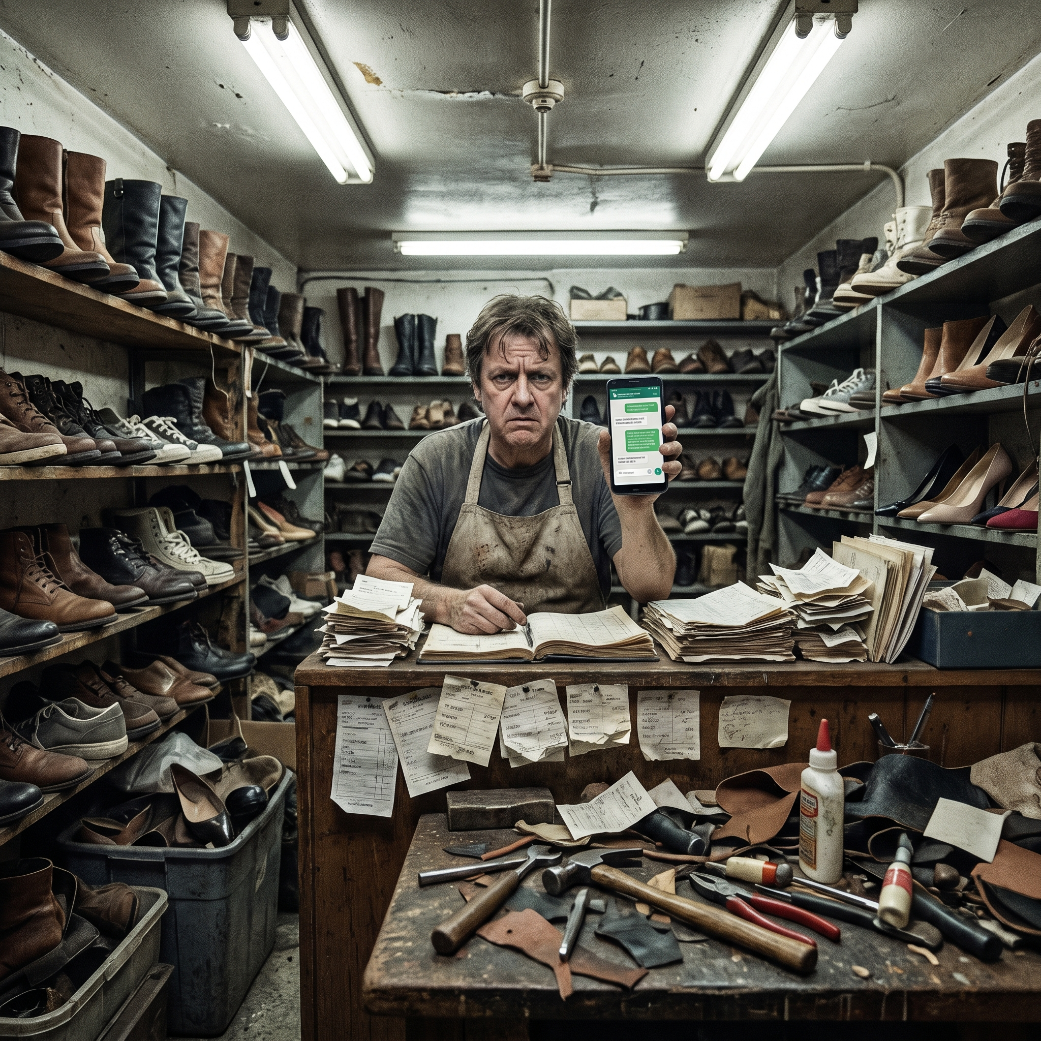 Chaotic shoe repair shop with paper tickets and WhatsApp confusion