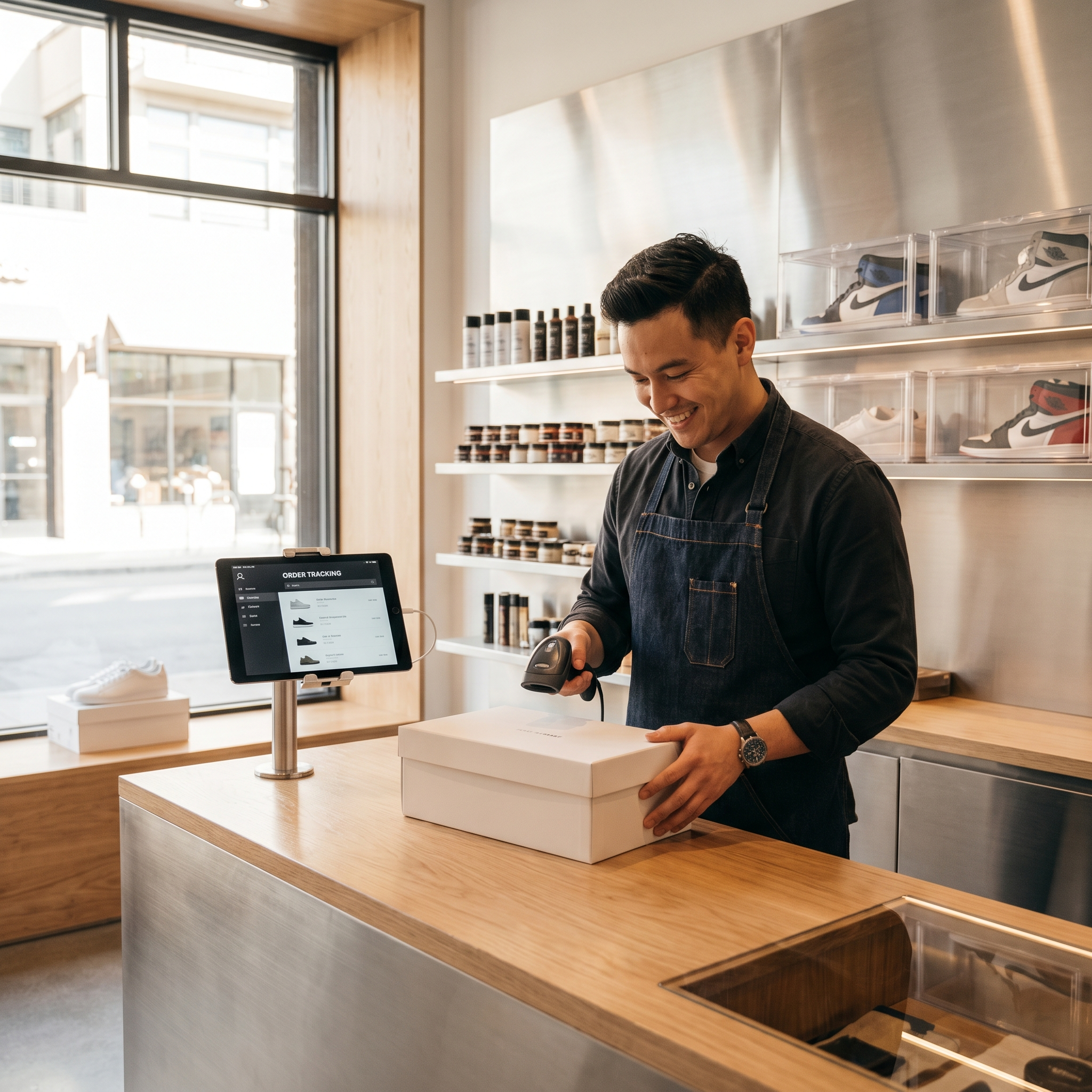 Staff scanning a shoe order in a modern CleaningPOS shop