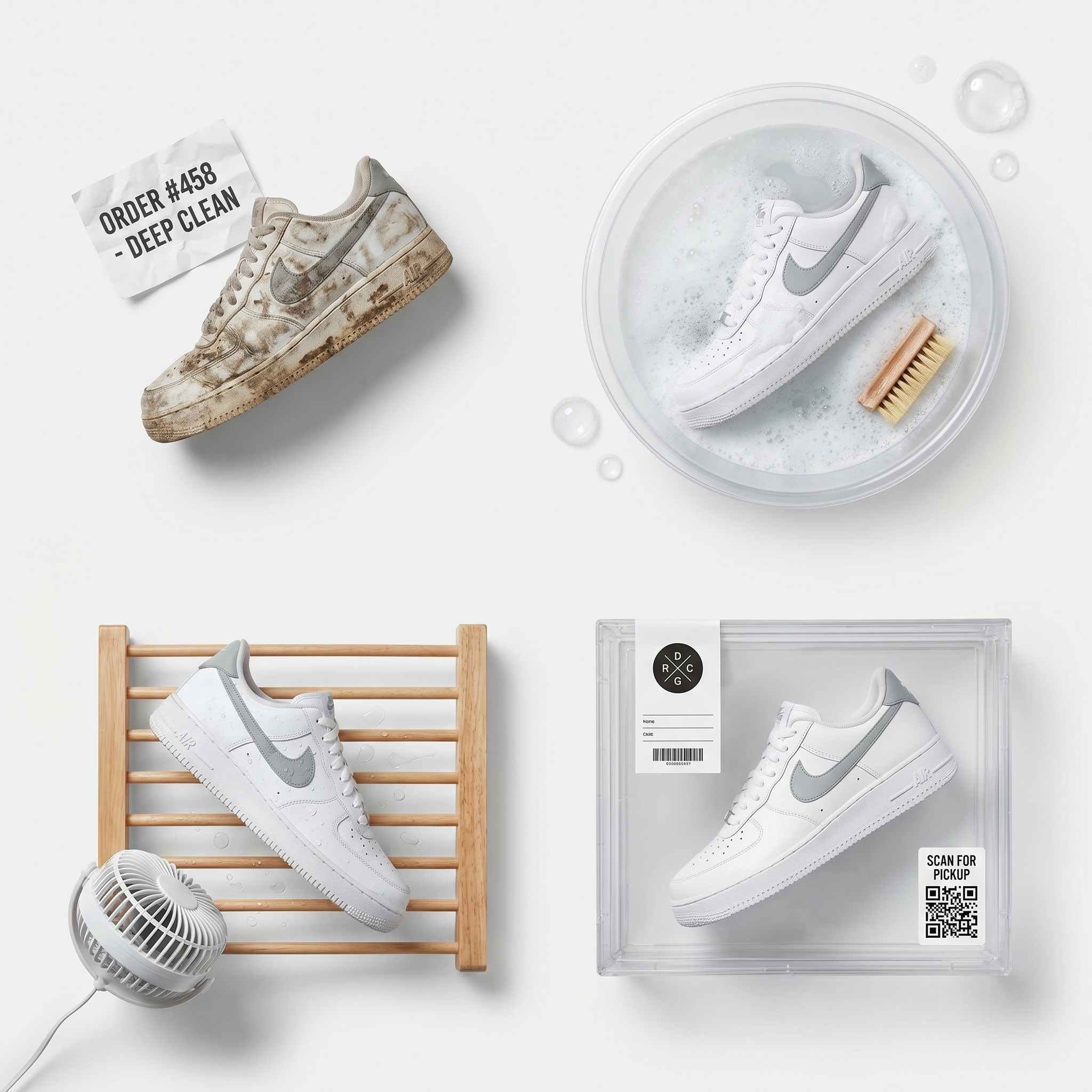 Four stages of shoe cleaning: intake with order tag, washing, drying, ready for pickup with QR code